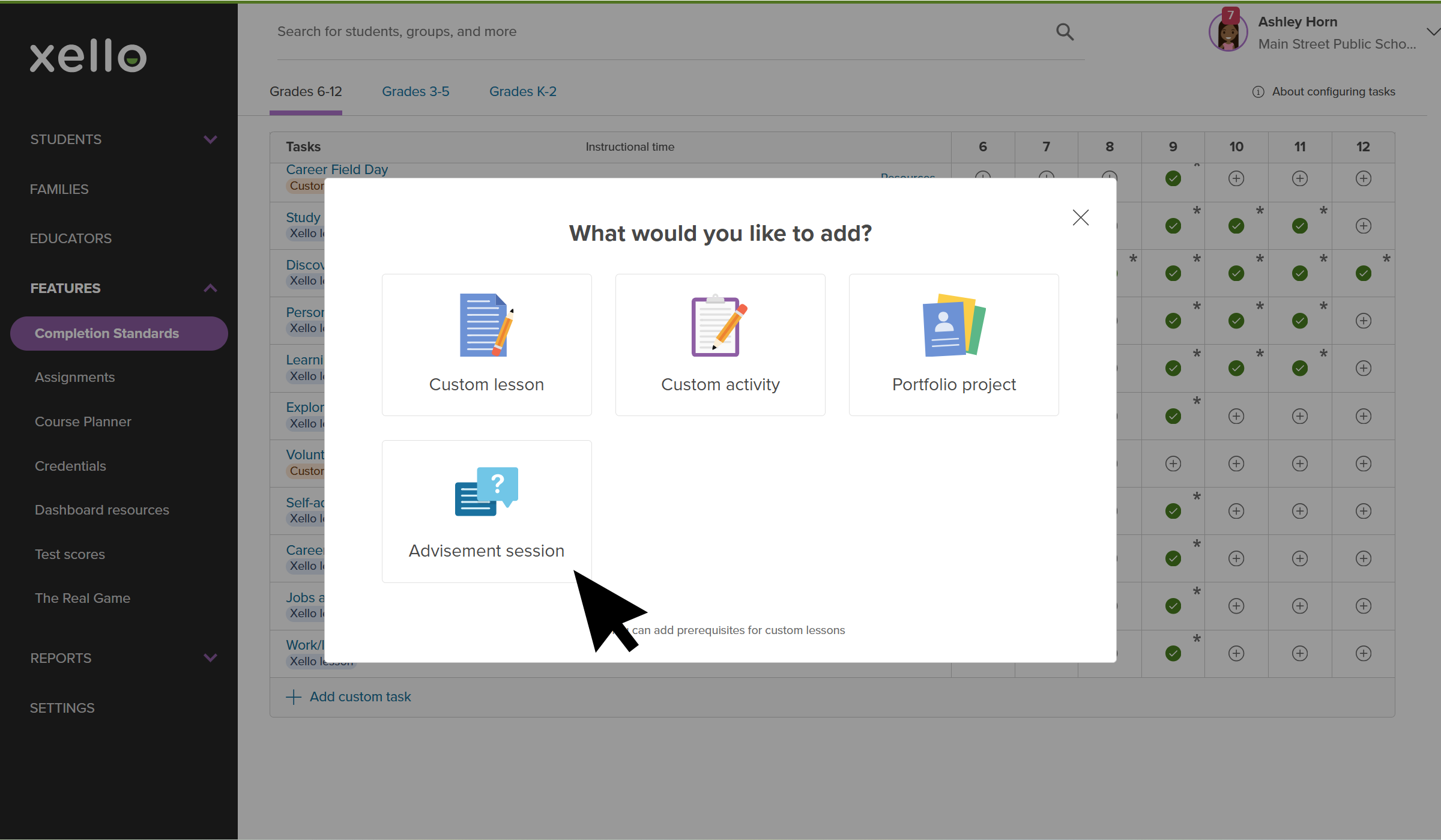 About custom tasks in Xello 6-12