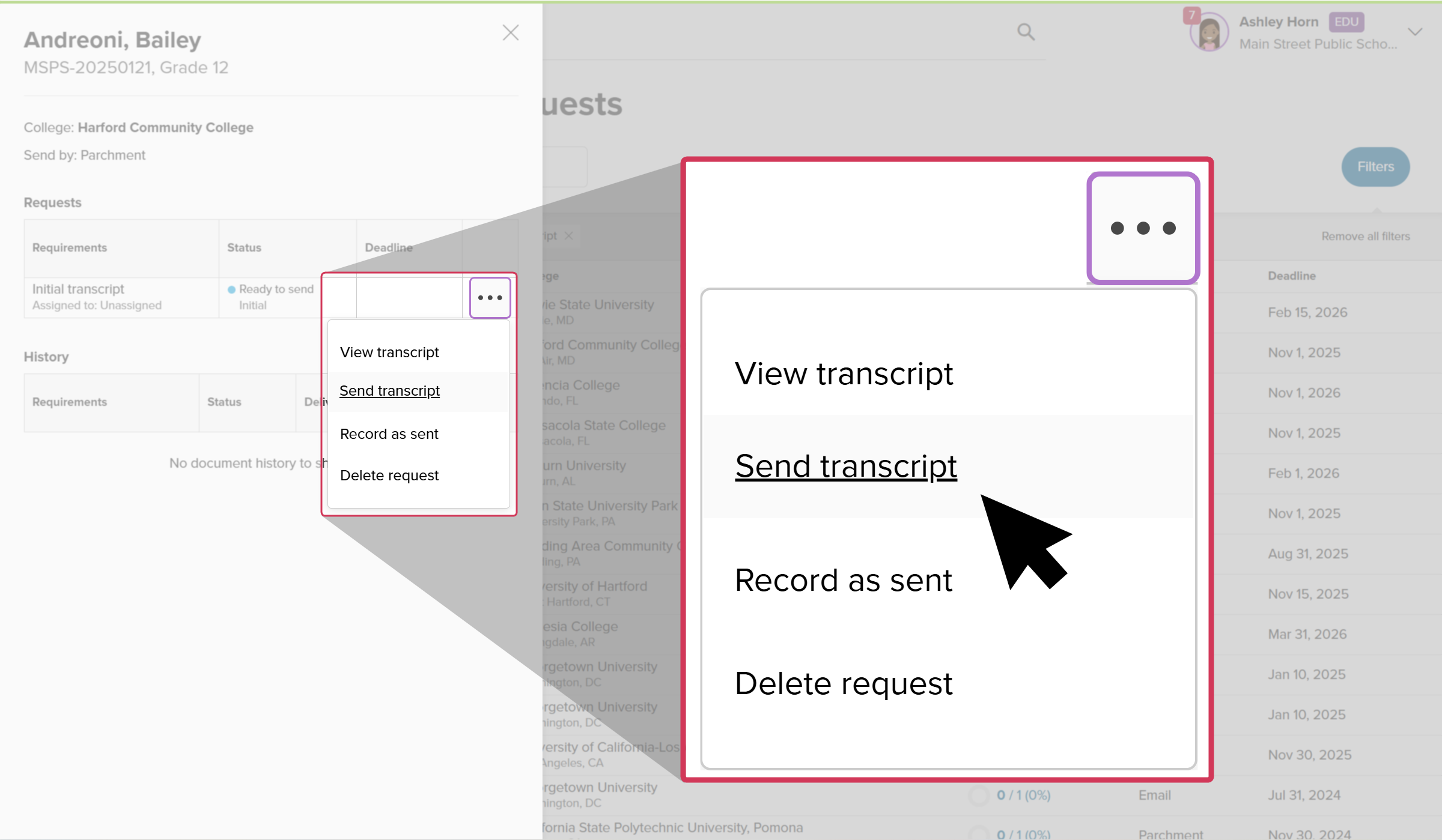 Send a transcript to the institution