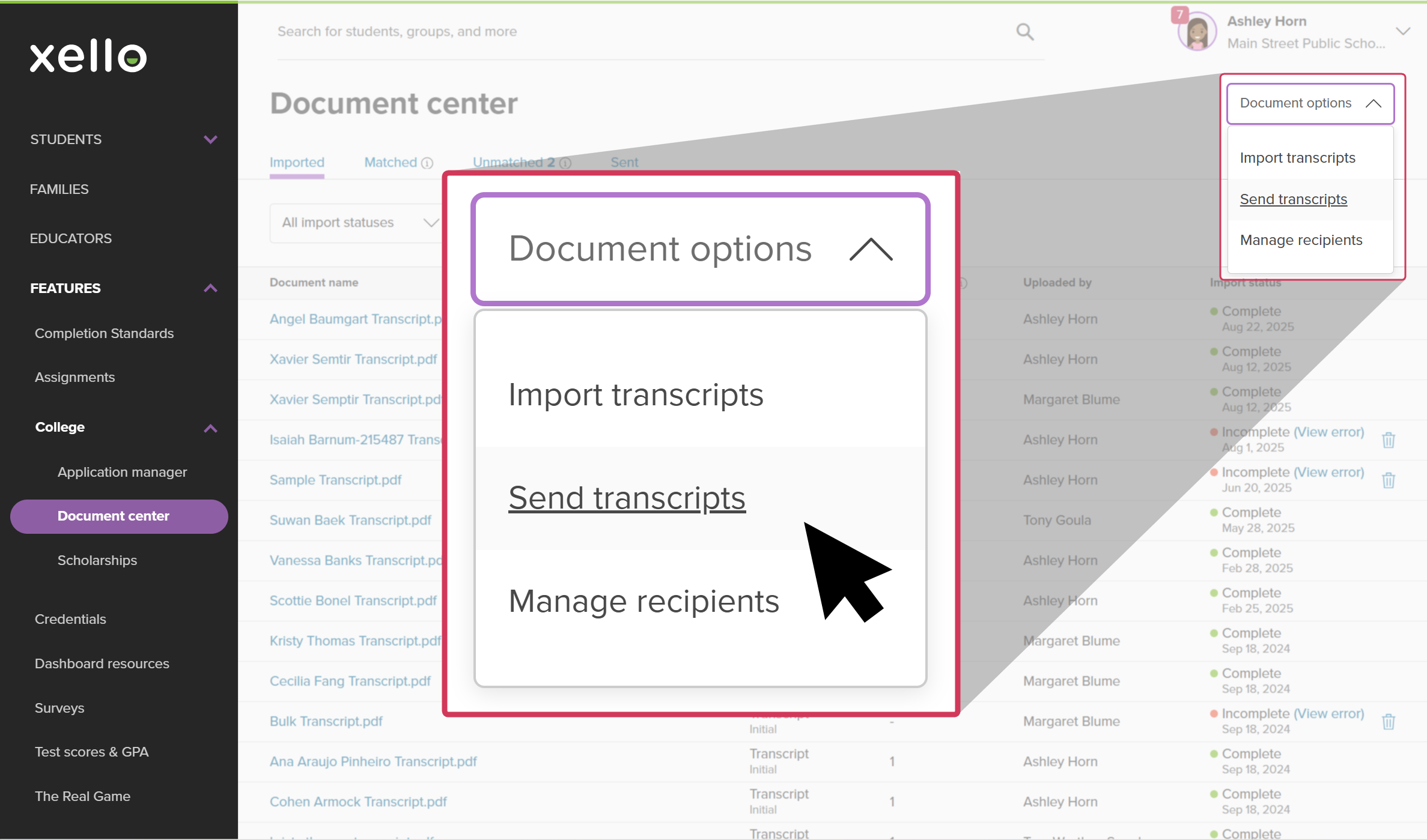Send a transcript on behalf of a student