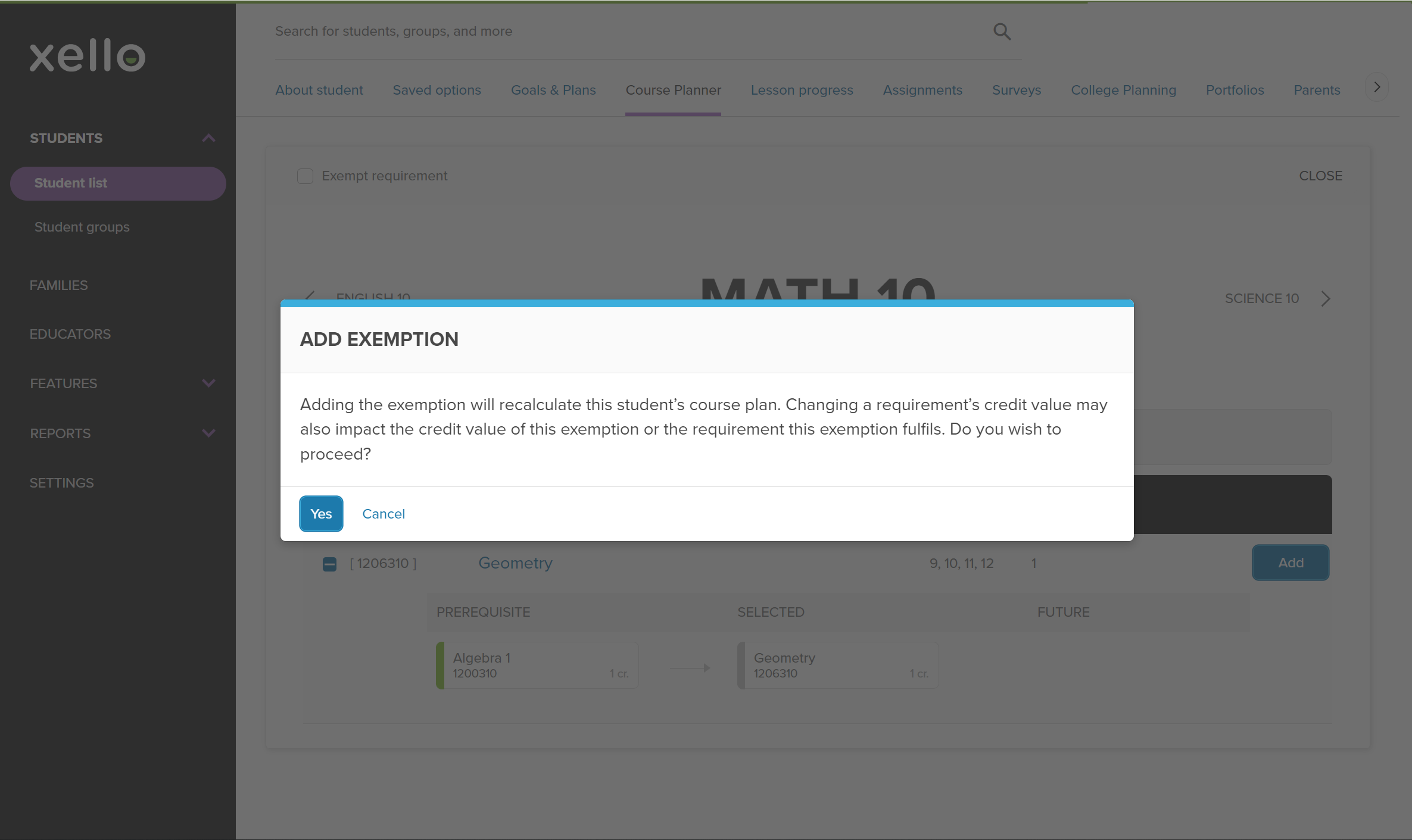 Apply an exemption to a student’s course Plan
