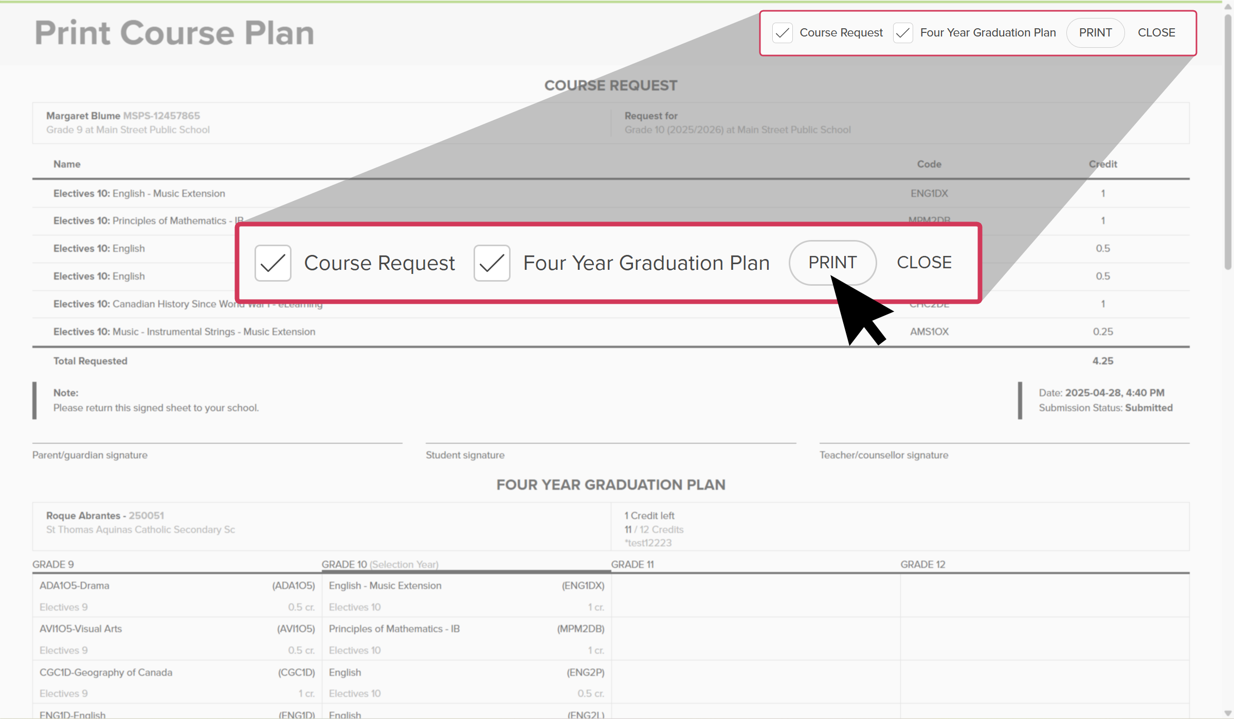 Print a student's course plan