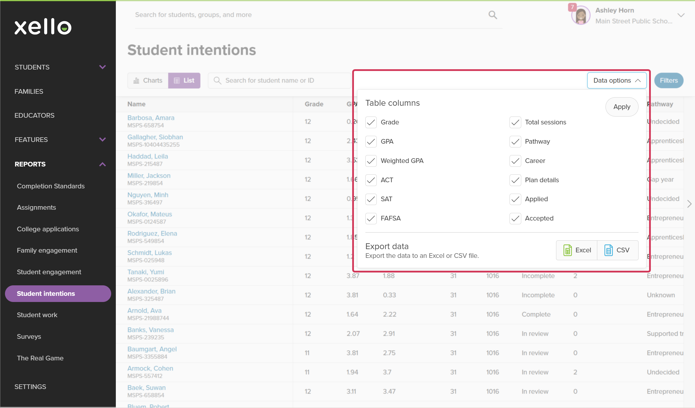Run reports on student intentions