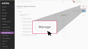 On the Indiana Seals Tracker report page, the cursor is clicking Manage.