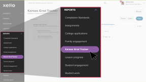 The Reports menu is open and the cursor is clicking Kansas Grad Tracker