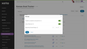 The 'Manage' modal is open with the options to toggle 'Visible to students and parents' and 'Show Planned'. There is also the option to select a reporting grade range.