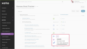 The Kansas Grad Tracker report page is open. Next to a requirement, the three-dot menu is open with the option to 'Upload file'