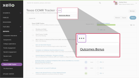 On the Texas CCMR Tracker report page, the cursor is clicking Outcomes Bonus next to the heading of the page