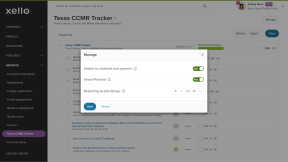 The 'Manage' modal is open with the options to toggle 'Visible to students' and 'Show Planned'. There is also the option to select a reporting grade range.