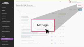On the Texas CCMR Tracker report page, the cursor is clicking Manage.